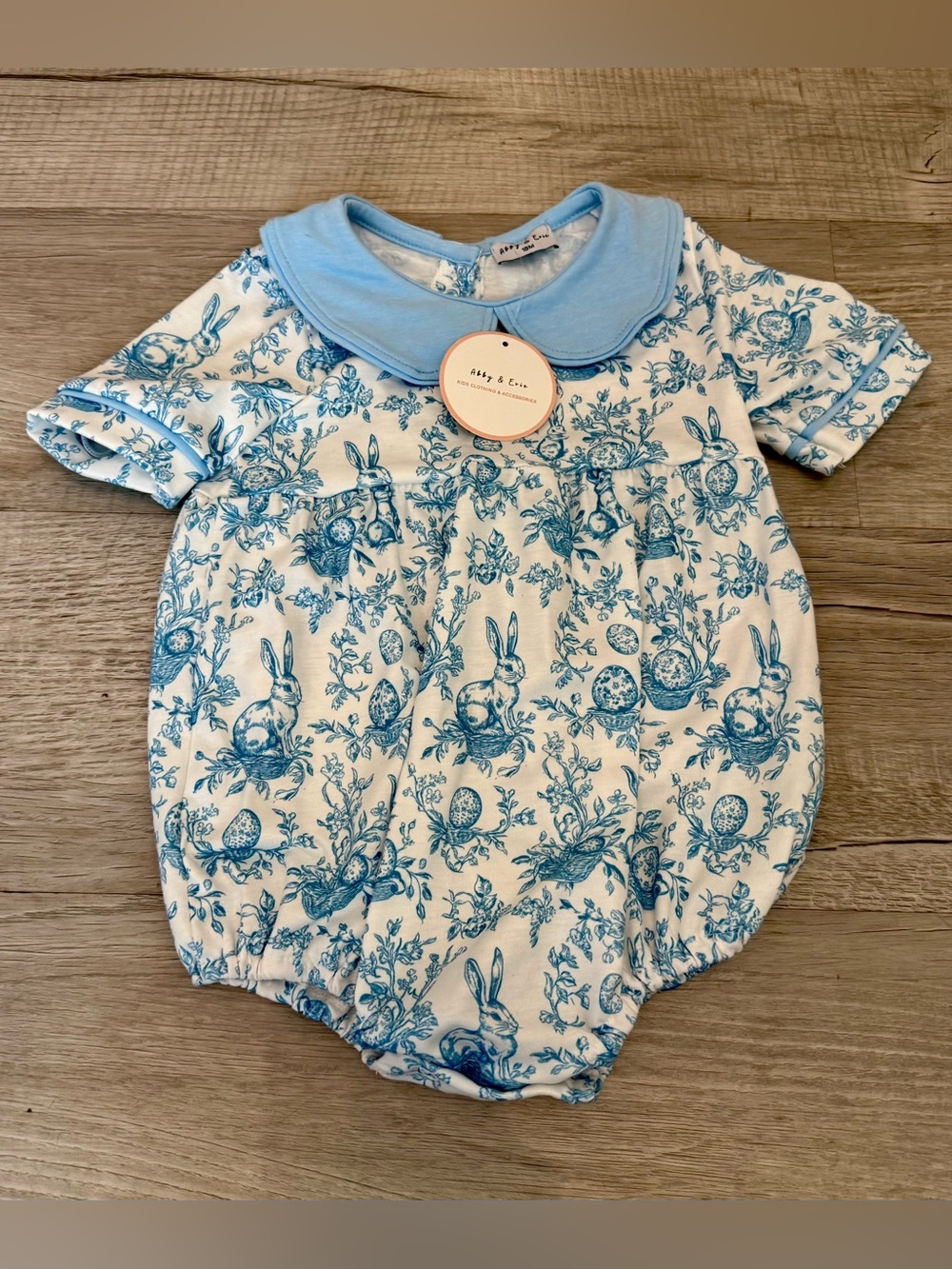 Blue Toile Bunny Baby One-Piece with Peter Pan Collar